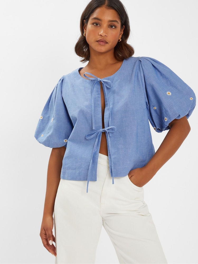 Accessorize Blue Daisy Puff Sleeve Tie 100% Cotton Top - Image 1 of 4
