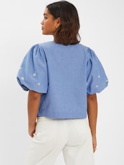Accessorize Blue Daisy Puff Sleeve Tie 100% Cotton Top - Image 2 of 4