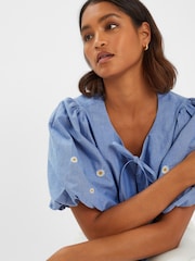 Accessorize Blue Daisy Puff Sleeve Tie 100% Cotton Top - Image 3 of 4