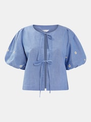 Accessorize Blue Daisy Puff Sleeve Tie 100% Cotton Top - Image 4 of 4
