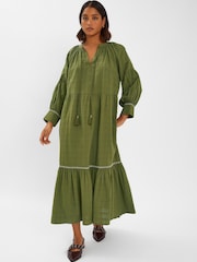Accessorize Green Long-Sleeve Tiered Maxi 100% Cotton Dress - Image 1 of 4