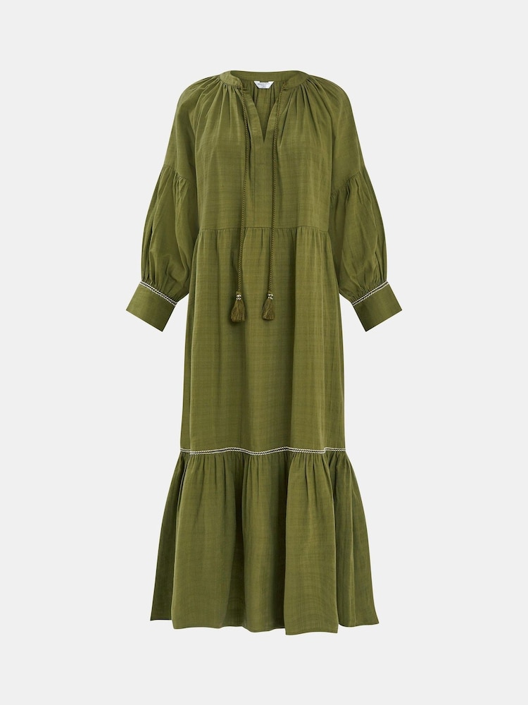 Accessorize Green Long-Sleeve Tiered Maxi 100% Cotton Dress - Image 4 of 4