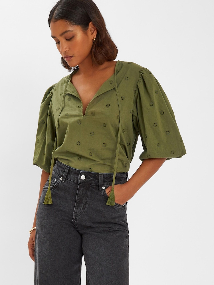 Accessorize Green Puff Sleeve 100% Cotton Blouse - Image 1 of 4 Accessorize Green Puff Sleeve 100% Cotton Blouse - Image 1 of 4