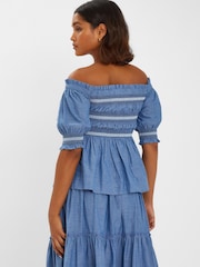 Accessorize Blue Off The Shoulder Smocked 100% Cotton Top - Image 2 of 4