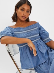 Accessorize Blue Off The Shoulder Smocked 100% Cotton Top - Image 3 of 4