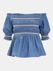 Accessorize Blue Off The Shoulder Smocked 100% Cotton Top - Image 4 of 4