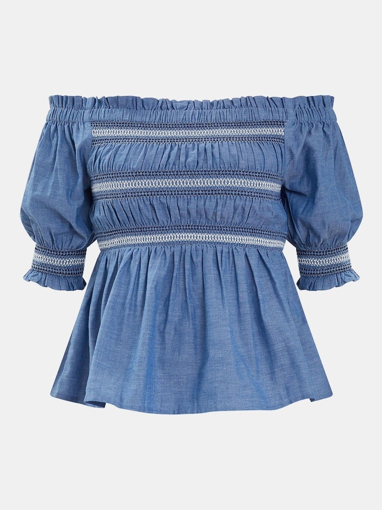 Accessorize Blue Off The Shoulder Smocked 100% Cotton Top - Image 4 of 4