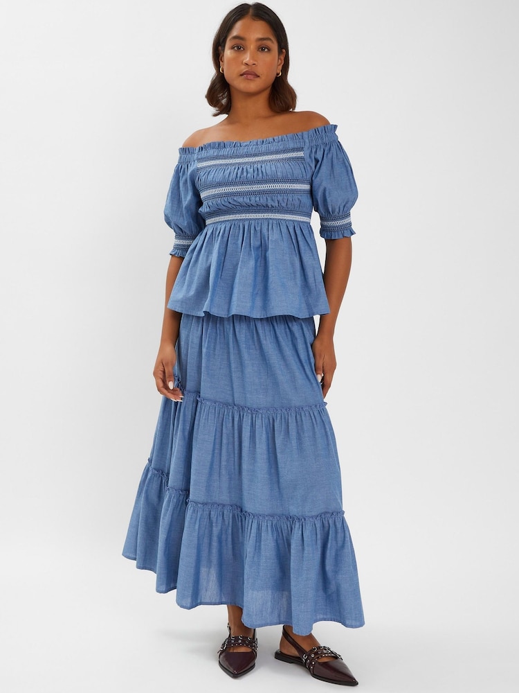 Accessorize Blue Smock Tiered Maxi 100% Cotton Skirt - Image 1 of 4