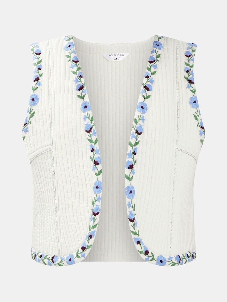 Accessorize Natural Floral Print Embroidered Quilted 100% Cotton Waistcoat - Image 4 of 4