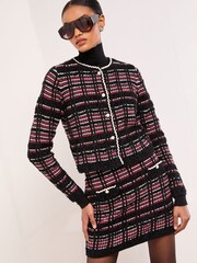 Lipsy Black/Red Checked Boucle Crew Neck Trim Detail Knitted Cardigan Jacket - Image 1 of 4