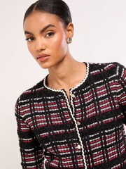Lipsy Black/Red Checked Boucle Crew Neck Trim Detail Knitted Cardigan Jacket - Image 3 of 4