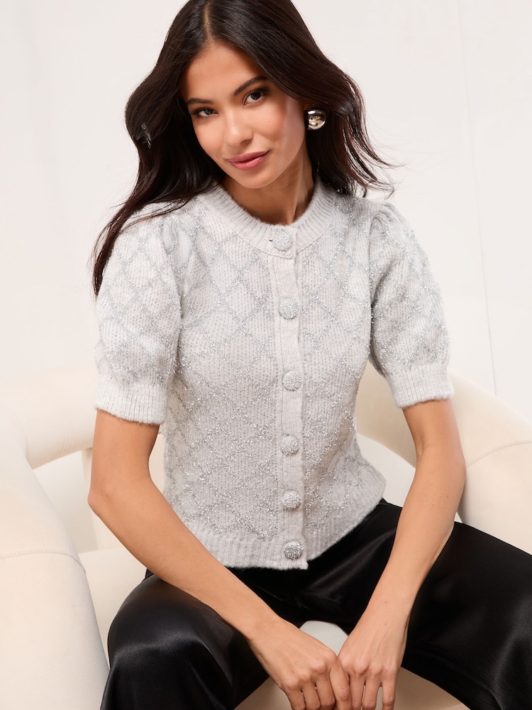 Lipsy Silver Tinsel Crew Neck Short Sleeve Cardigan - Image 1 of 5