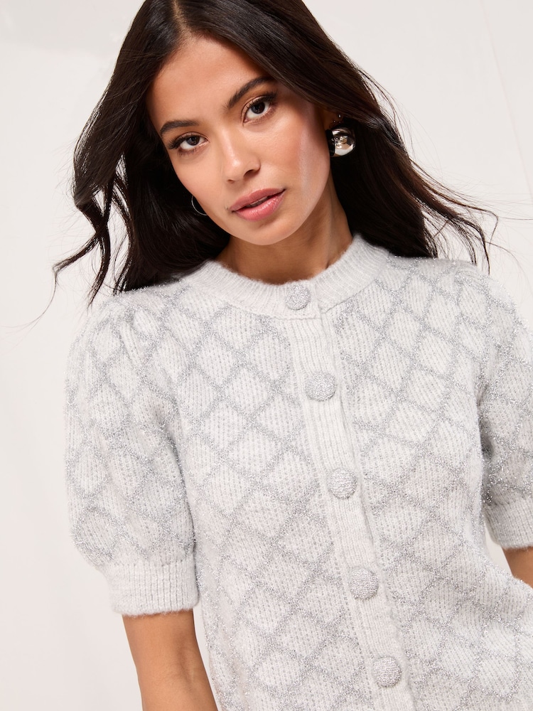 Lipsy Silver Tinsel Crew Neck Short Sleeve Cardigan - Image 2 of 5