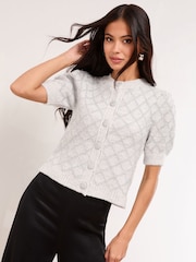 Lipsy Silver Tinsel Crew Neck Short Sleeve Cardigan - Image 4 of 5