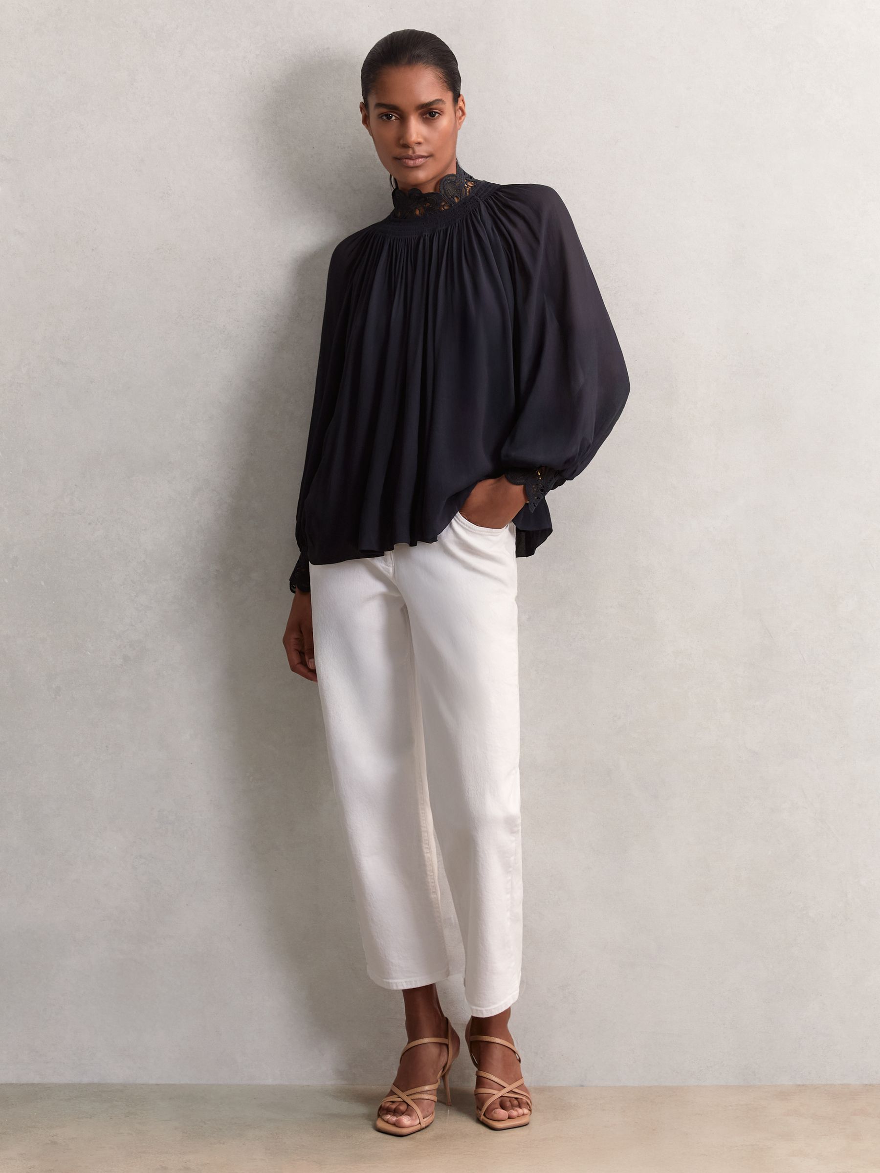 Buy Reiss Navy Czara Lace-Trim Draped Chiffon Top from Next USA
