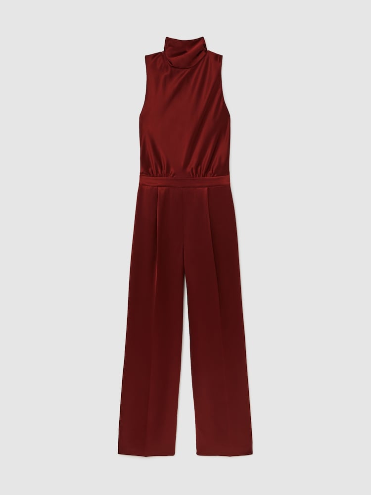 Reiss Dark Red Farah Petite Satin Cape-Sash Jumpsuit - Image 2 of 6 Reiss Dark Red Farah Petite Satin Cape-Sash Jumpsuit - Image 2 of 6