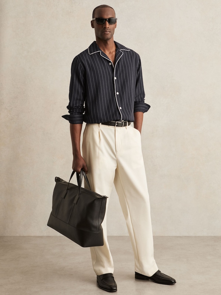 Reiss Navy/White Strella Pinstripe Cuban-Collar Piped Shirt - Image 1 of 5 Reiss Navy/White Strella Pinstripe Cuban-Collar Piped Shirt - Image 1 of 5