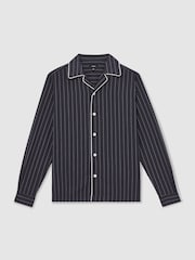 Reiss Navy/White Strella Pinstripe Cuban-Collar Piped Shirt - Image 2 of 5