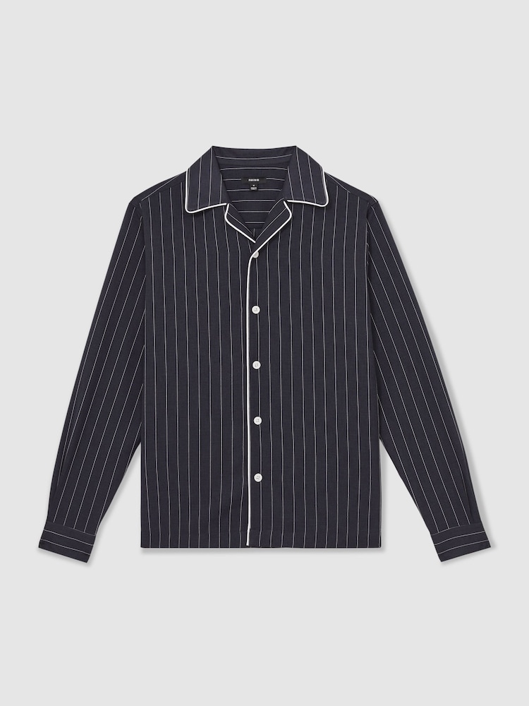 Reiss Navy/White Strella Pinstripe Cuban-Collar Piped Shirt - Image 2 of 5 Reiss Navy/White Strella Pinstripe Cuban-Collar Piped Shirt - Image 2 of 5