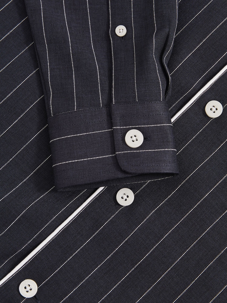 Reiss Navy/White Strella Pinstripe Cuban-Collar Piped Shirt - Image 5 of 5 Reiss Navy/White Strella Pinstripe Cuban-Collar Piped Shirt - Image 5 of 5
