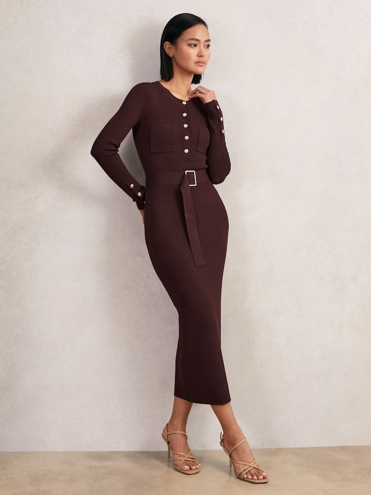 Reiss Burgundy Willow Buttoned Rib-Knit Midi Dress - Image 1 of 6 Reiss Burgundy Willow Buttoned Rib-Knit Midi Dress - Image 1 of 6