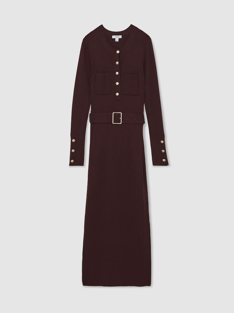 Reiss Burgundy Willow Buttoned Rib-Knit Midi Dress - Image 2 of 6 Reiss Burgundy Willow Buttoned Rib-Knit Midi Dress - Image 2 of 6