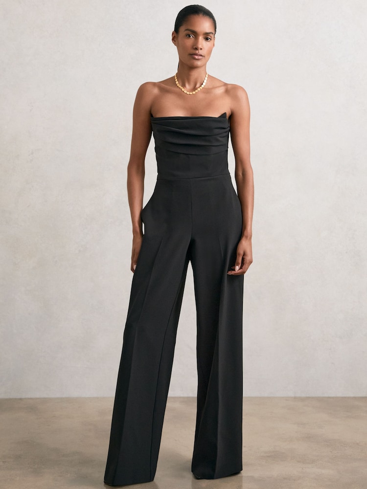 Reiss Black Ayla Structured Strapless Wide-Leg Jumpsuit - Image 1 of 7