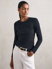 Reiss Black Jada Cotton Crew-Neck Long-Sleeve T-Shirt With Stretch - Image 1 of 6