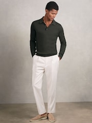 Reiss Dark Military Green Trafford Merino Wool Long-Sleeve Polo Shirt - Image 1 of 6