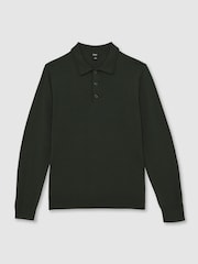 Reiss Dark Military Green Trafford Merino Wool Long-Sleeve Polo Shirt - Image 2 of 6
