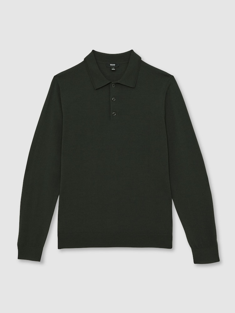 Reiss Dark Military Green Trafford Merino Wool Long-Sleeve Polo Shirt - Image 2 of 6