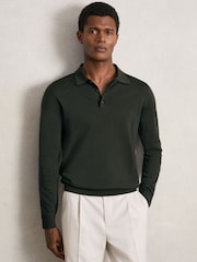 Reiss Dark Military Green Trafford Merino Wool Long-Sleeve Polo Shirt - Image 3 of 6