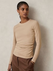 Reiss Camel Tessa Cotton Long-Sleeve Ruched T-Shirt with Stretch - Image 1 of 5