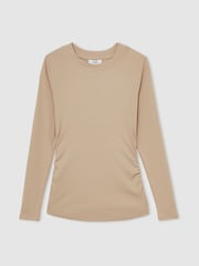 Reiss Camel Tessa Cotton Long-Sleeve Ruched T-Shirt with Stretch - Image 2 of 5