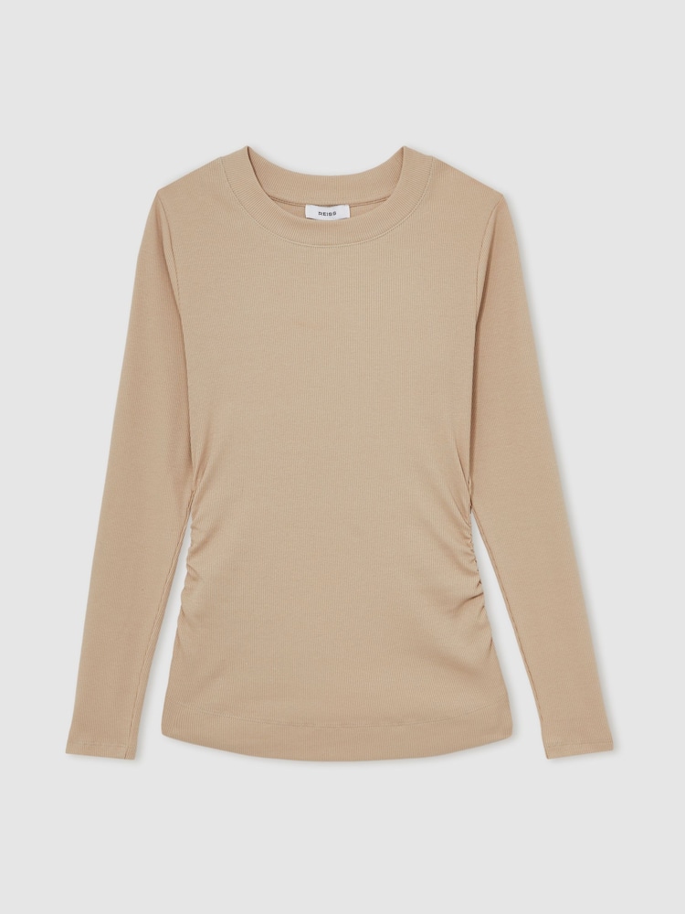 Reiss Camel Tessa Cotton Long-Sleeve Ruched T-Shirt with Stretch - Image 2 of 5