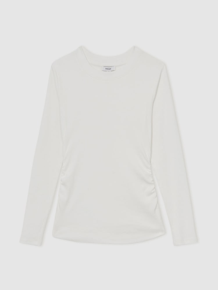 Reiss White Tessa Cotton Long-Sleeve Ruched T-Shirt with Stretch - Image 2 of 6