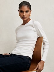 Reiss White Tessa Cotton Long-Sleeve Ruched T-Shirt with Stretch - Image 3 of 6
