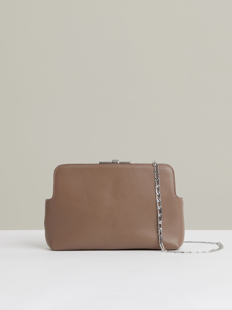 Reiss Neutral Bethany Leather Frame Clutch Bag - Image 1 of 5