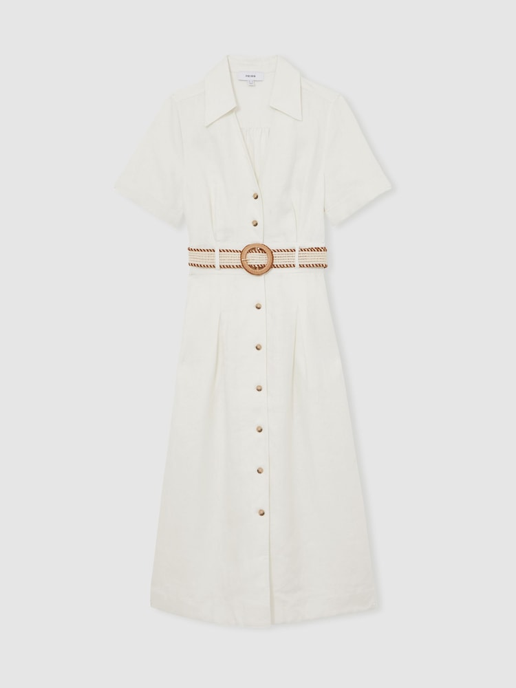 Reiss Ivory Anita Linen Belted Midi Shirt Dress - Image 2 of 8