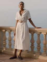 Reiss Ivory Anita Linen Belted Midi Shirt Dress - Image 3 of 8