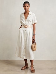 Reiss Ivory Anita Linen Belted Midi Shirt Dress - Image 5 of 8