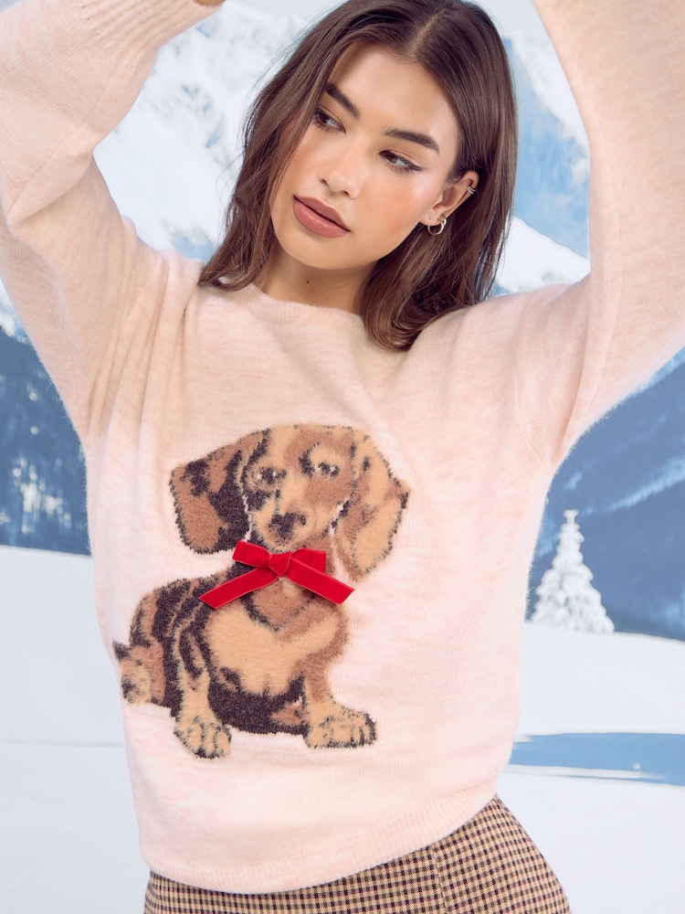 Lipsy Cream Sausage Dog Christmas Crew Neck Knitted Jumper - Image 2 of 5