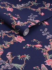 Cath Kidston Navy Birds & Berries 10M Wallpaper - Image 4 of 5