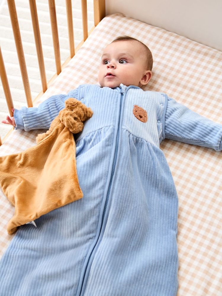 JoJo Maman Bébé Blue Bear Ribbed Velour 3.5 Tog Baby Sleeping Bag - Image 1 of 6 JoJo Maman Bébé Blue Bear Ribbed Velour 3.5 Tog Baby Sleeping Bag - Image 1 of 6