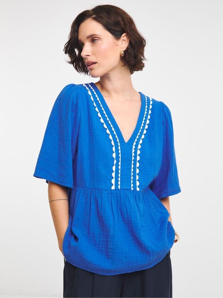JD Williams Blue Embroidered Smock 100% Cotton Top - Image 1 of 4