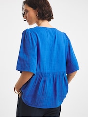 JD Williams Blue Embroidered Smock 100% Cotton Top - Image 2 of 4