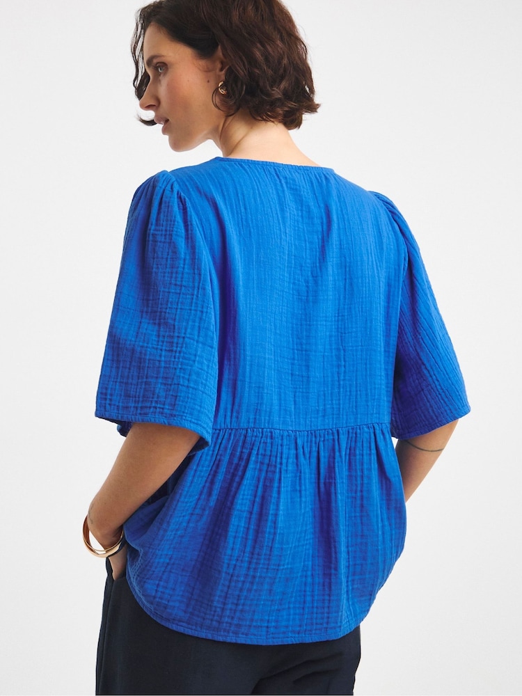 JD Williams Blue Embroidered Smock 100% Cotton Top - Image 2 of 4