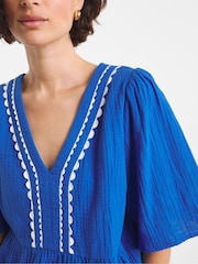 JD Williams Blue Embroidered Smock 100% Cotton Top - Image 4 of 4