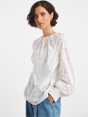 JD Williams White Broderie Puff Sleeve 100% Cotton Top - Image 1 of 4