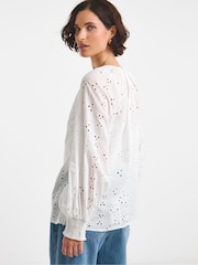 JD Williams White Broderie Puff Sleeve 100% Cotton Top - Image 2 of 4